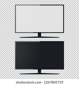 Set of front view realistic PC monitors with blank and transparent screens. Vector illustration isolated on checkered background.