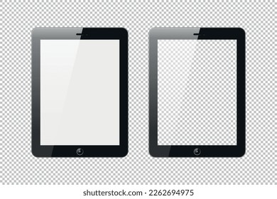 Set of front view realistic vertical tablets with blank and transparent screens. Vector illustration isolated on checkered background.