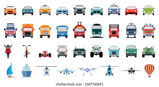 Set of front view transportation flat icons. Collection of car, trucks, bus, metro, train, plane, drone and boat.
