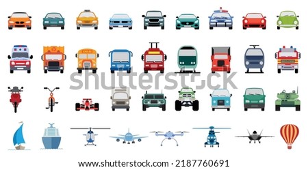 Set of front view transportation flat icons. Collection of car, trucks, bus, metro, train, plane, drone and boat.
