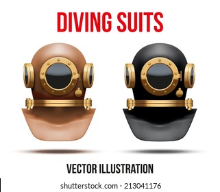 Set Front view of Underwater diving suit scuba helmet. Water leisure, old style. Editable Vector Illustration Isolated on white background