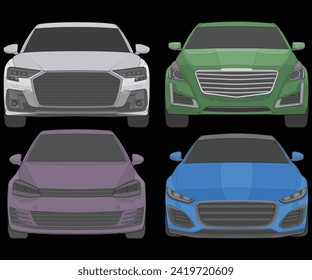 Set of front view Vector Illustration of Isolated highlight  color car on black background, Vehicle in a Flat Cartoon Style.
