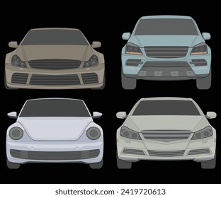 Set of front view Vector Illustration of Isolated highlight  color car on black background, Vehicle in a Flat Cartoon Style.
