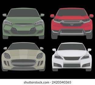 Set of front view Vector Illustration of Isolated highlight  color car on black background, Vehicle in a Flat Cartoon Style.