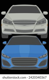 Set of front view Vector Illustration of Isolated highlight  color car on black background, Vehicle in a Flat Cartoon Style.