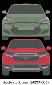 Set of front view Vector Illustration of Isolated highlight  color car on black background, Vehicle in a Flat Cartoon Style.