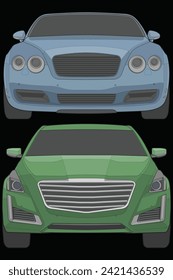 Set of front view Vector Illustration of Isolated highlight  color car on black background, Vehicle in a Flat Cartoon Style.