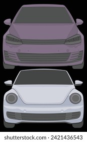 Set of front view Vector Illustration of Isolated highlight  color car on black background, Vehicle in a Flat Cartoon Style.