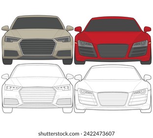 Set of front view Vector Illustration of Isolated highlight  color car on white background, Vehicle in a Flat Cartoon Style.