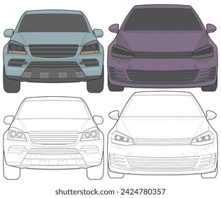 Set of front view Vector Illustration of Isolated highlight  color car on white background, Vehicle in a Flat Cartoon Style.