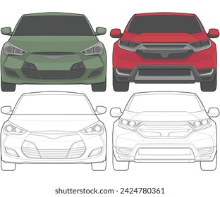Set of front view Vector Illustration of Isolated highlight  color car on white background, Vehicle in a Flat Cartoon Style.