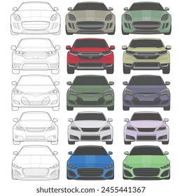 Conjunto de vista frontal Ilustración vectorial de coche aislado de color resaltado sobre fondo blanco, vehículo en un estilo plano de dibujos animados