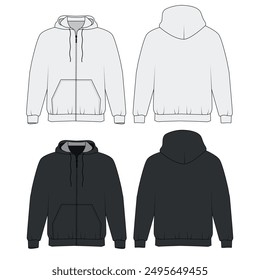 Satz von vorderen Reißverschluss Kapuze Vektorgrafiken, Vorder-und Rückansicht. Schablone der Jacke mit Kapuze und Taschen in den Farben weiß und schwarz, Vektor. Skizze oveasize, Unisex Kapuze, Vektor.