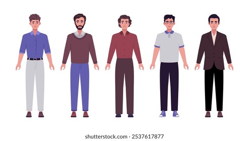 Conjunto de caracteres frontais. Homens em pé em uma fileira em trajes de escritório casuais. Ilustração em estilo plano