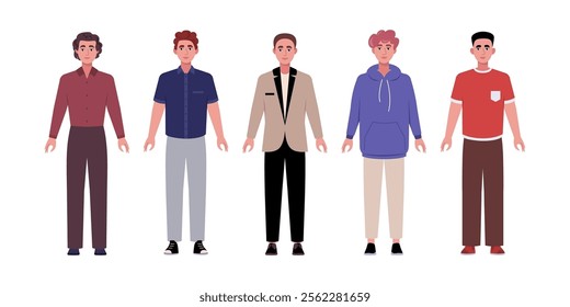 Set of frontal characters. Men standing in a row in casual office attire. Flat style illustration