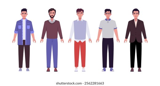 Set of frontal characters. Men standing in a row in casual office attire. Flat style illustration