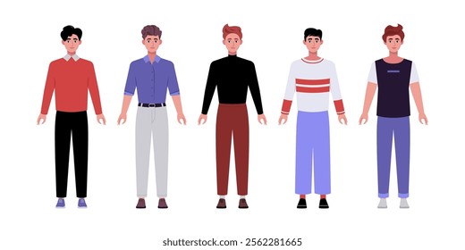 Set of frontal characters. Men standing in a row in casual office attire. Flat style illustration