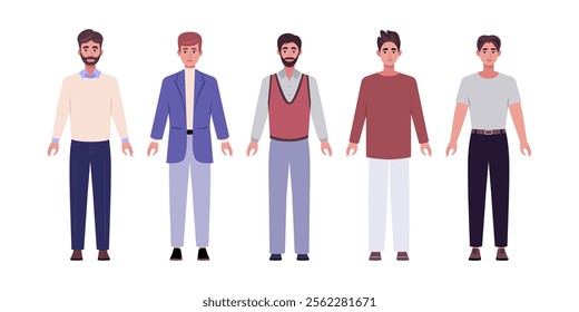 Set of frontal characters. Men standing in a row in casual office attire. Flat style illustration