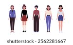 Set of frontal characters. Women standing in a row in casual office attire. Flat style illustration