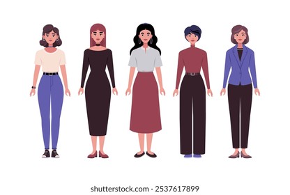 Conjunto de caracteres frontais. Mulheres de pé em uma fileira em trajes de escritório casuais. Ilustração em estilo plano