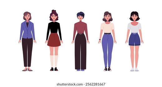 Set of frontal characters. Women standing in a row in casual office attire. Flat style illustration