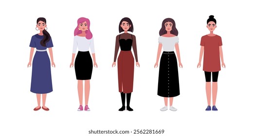 Set of frontal characters. Women standing in a row in casual office attire. Flat style illustration