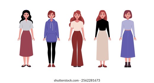 Set of frontal characters. Women standing in a row in casual office attire. Flat style illustration