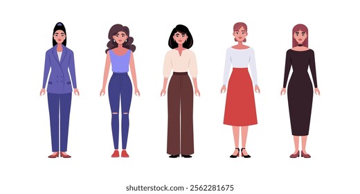 Set of frontal characters. Women standing in a row in casual office attire. Flat style illustration