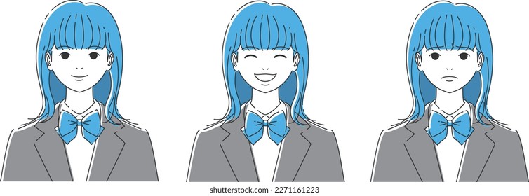 Set of frontal faces of high school girls in various expressions A｜blue