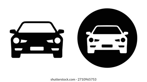 Conjunto de ícones do carro de visão frontal em silhuetas negrito preto e branco, apresentando formas de veículo modernas para símbolos de transporte, elementos de design automotivo, interfaces de aplicativo, sinalização e ilustração gráfica