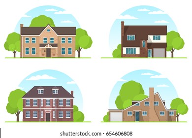 Set of frontview of english style suburban private houses. Flat design. Vector illustration.