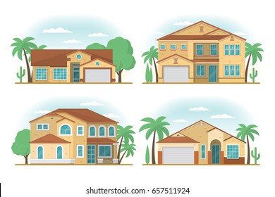 Set of Frontview of USA Arizona style suburban private houses. Flat design. Vector illustration.