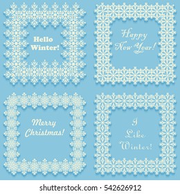 Set of frost frames from snowflakes. White cadres on blue background with shadow. Vector illustration