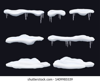 Set of frost snow caps with icicles and snowdrifts realistic style, vector illustration isolated on black background. Winter seasonal icy effect decorative element for design