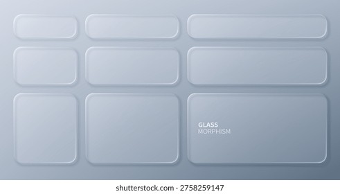 Set of frosted glass morphism rectangles on grey background. Translucent gui elements for user interface design. Minimalist vector web background for modern digital software application.