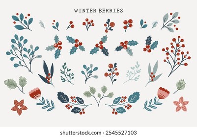 Set of frosty Christmas traditional winter holidays elements, winter berries, branches with florals, poinsettia flower. Vector hand drawn scandinavian style. 