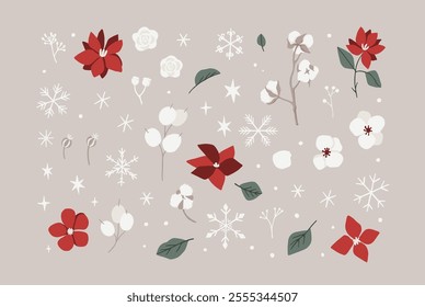 Set of frosty Christmas traditional winter holidays elements, winter berries, branches with florals, poinsettia flower, snowflakes, cotton plant. Vector hand drawn scandinavian style.