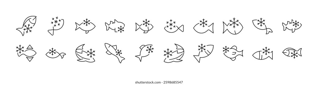 Set of Frozen Fish Related Line Icons. Outline Signs for Graphic and Web Design, Apps, Adverts, Various Cards