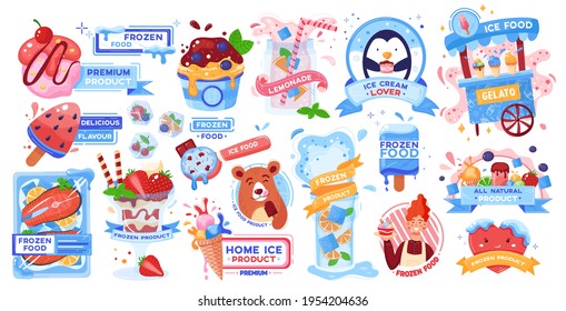 Set frozen food, ice and snow for safety product, cold ice cream, design cartoon style vector illustration, isolated on white.