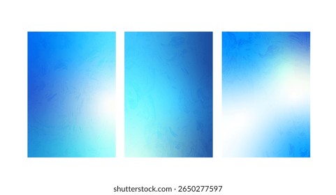 Set of frozen glass backgrounds. Blue gradients cover with ice noise texture. Christmas snow gradients for social media. Vertical gradation navy marine covers. Vector collection illustration.