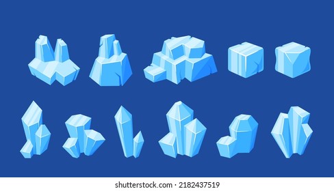 Set of Frozen Ice Berg Pieces Design Elements. Floe Blocks, Floating Iceberg, Blue Winter Iced Lumps, Crystals, Snowdrift Cap. Ice Cube With Facets And Pointed Top. Cartoon Vector Illustration