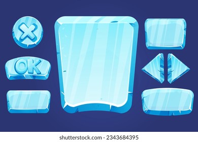 Set frozen ice frames, panels for game menu arows, buttons, ok sign in cartoon style isolated. Ui game design, app interface.