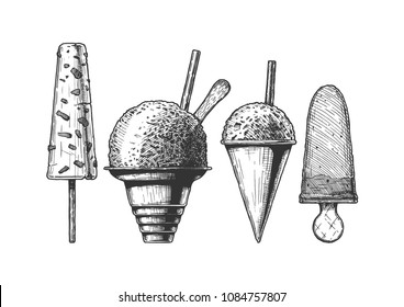 Set of frozen and ice-based dessert. Kulfi, Shaved Snow, Snow Cones and ice cream. Vector hand drawn illustration in vintage engraved style. Isolated on white background.