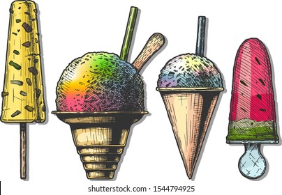 Set of frozen and ice-based dessert. Kulfi, Shaved Snow, Snow Cones and Watermelon Popsicles. Vector hand drawn illustration in vintage engraved style. ice cream Isolated on white background.
