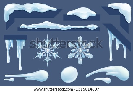 Set of frozen icicles, ice and snow winter design elements. Includes snowflakes and snowballs.