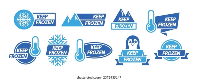 Conjunto De Etiquetas De Productos Congeladas Que Incluyen Insignias De Conservación Congeladas Para Paquetes, Refrigerador Y Almacenamiento Congelador, Iconos Vectores