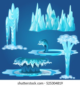 Set of frozen streams and splashes of water isolated on blue background. Vector illustration.