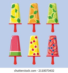 Set of frozen summer refreshments with natural fruits, juice, water. Homemade popsicle from lemon, orange, lime,strawberry, raspberry, blueberry, watermelon, kiwi.