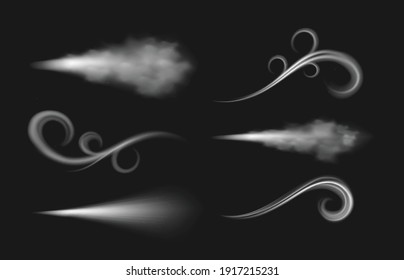 Set of frozen wind blow winter weather icons, realistic vector illustration isolated on transparent background. Snowy smoky stream or icy vapour fumes.