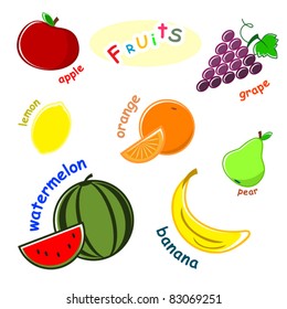 set fruit - apple, grape, lemon, orange, pear, melon, banana